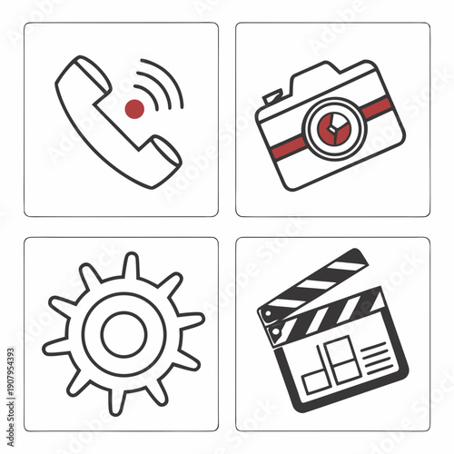 Four distinct icons representing communication, photography, settings, and video editing