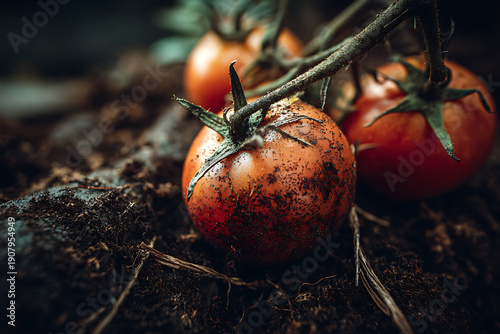 Ripe organic tomatoes growing in garden soil