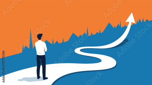 Ambitious businessman standing on winding path that turns into rising arrow representing career growth and economic progress over mountains.