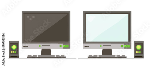Set of vector images of pc, tv, computers, monitors, desktop computers, and towers. Stylized, flat cartoon style.
