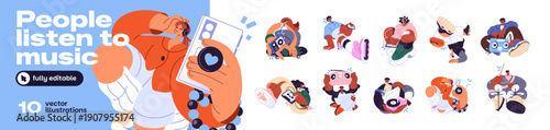 Set of people listening to music. Happy men and women with headphones, audio players and boombox enjoy songs. Characters with headsets dance. Flat isolated vector illustrations on white background