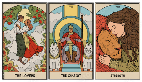 vintage vintage style deck of tarot cards. magical predictions of the future, mysterious characters.	