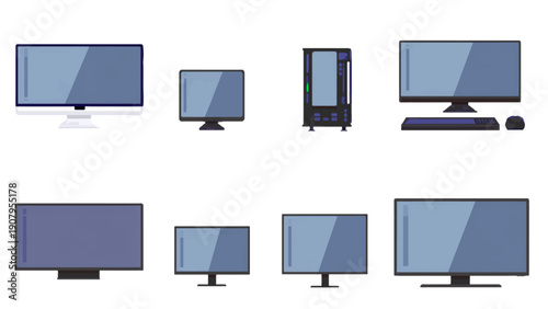 Set of vector images of pc, tv, computers, monitors, desktop computers, and towers. Stylized, flat cartoon style.