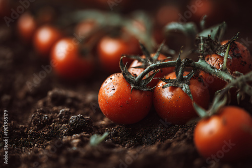 Cherry tomatoes growing on vine in fertile soil