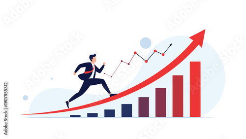 Businessman running up rising arrow above bar chart representing rapid career growth and successful navigation through market trends.