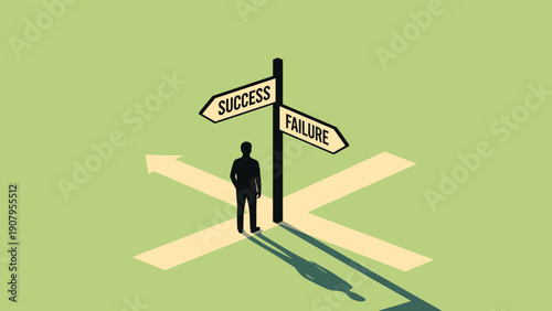 Silhouette of a pensive man standing at a crossroads next to a signpost pointing towards success and failure directions.