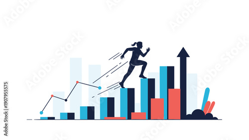 Empowered woman silhouette running up a rising bar graph that culminates in a large upward pointing success arrow.