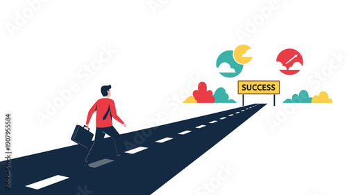 Ambitious businessman with a briefcase walking on a long road towards a sign marking the destination of success.