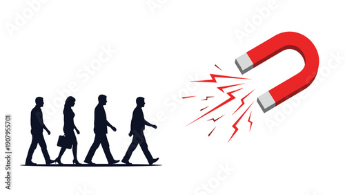 Large red horseshoe magnet attracting a line of walking silhouettes representing customer acquisition or talent recruitment.