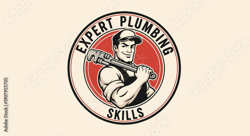 Expert Plumbing Skills Logo Featuring a Muscular Plumber Holding a Wrench.