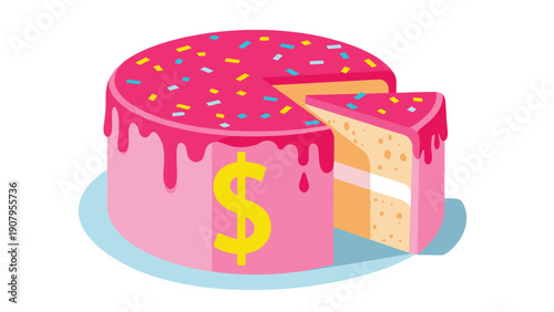 Large pink frosted cake with colorful sprinkles and a yellow dollar sign representing profit sharing or market share.