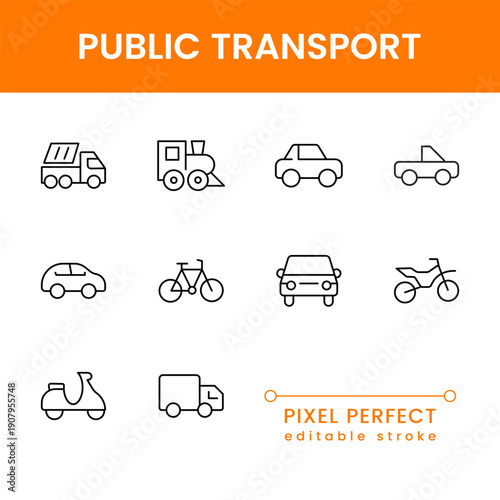 public transport icons collection, urban transit and mobility symbols, bus train metro station vector UI icon pack for travel apps