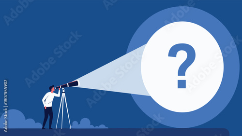 Curious investigator uses a telescope to find answers to a large question mark representing mystery and problem solving.