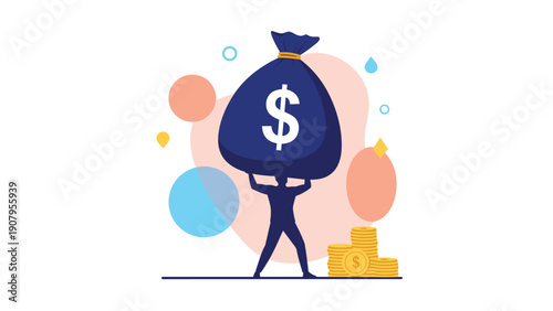 Strong man carries a massive blue money bag with a white dollar sign over his head symbolizing wealth and heavy financial burden.