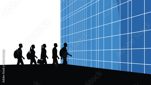 Silhouettes of business people walking towards a modern glass building representing a corporate workplace or institution.