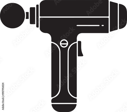 Black silhouette of a massage gun with round head white background percussion massager