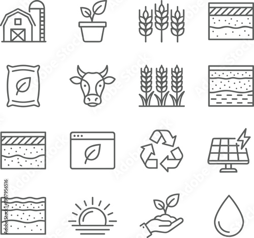 Agriculture line icons, farming symbols, soil layers, nature, eco energy, wheat, livestock, and sustainable organic vector set.