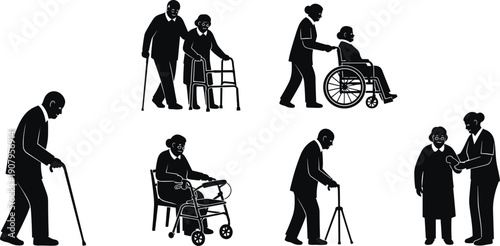 Elderly care human silhouette icon set showing seniors walking with cane, walker and wheelchair assistance, caregiver support scenes, black flat vector illustrations isolated on white background
