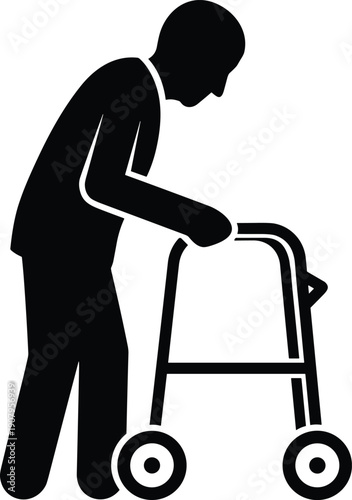 Elderly human silhouette icon showing senior person using walking frame walker for mobility support, black flat vector illustration isolated on white background