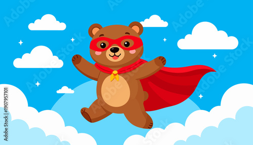 A cartoon bear in a red cape and mask flying through a bright blue sky with white clouds
