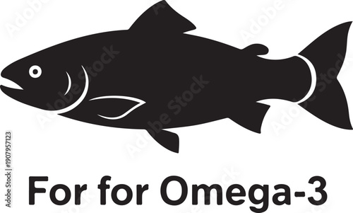 Black silhouette of a salmon fish with text For Omega-3 white desi