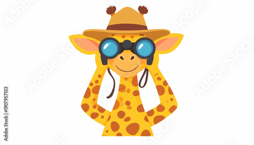 A cartoon giraffe wearing sunglasses and a hat on a white background illustration