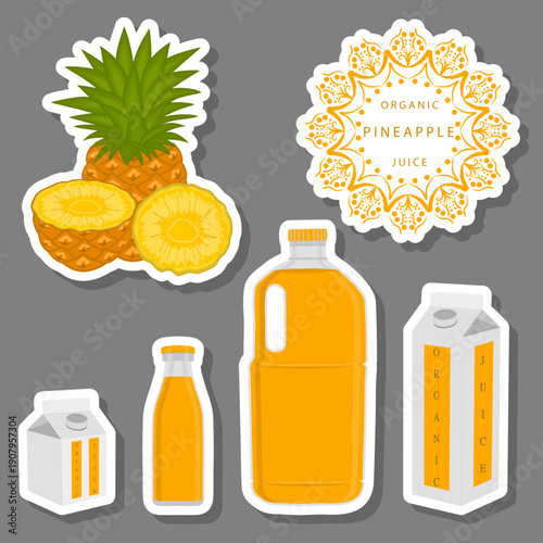 big set different types of juice pineapple in bottle