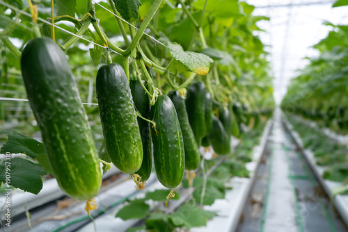 Cucumbers growing in modern greenhouse agriculture system
