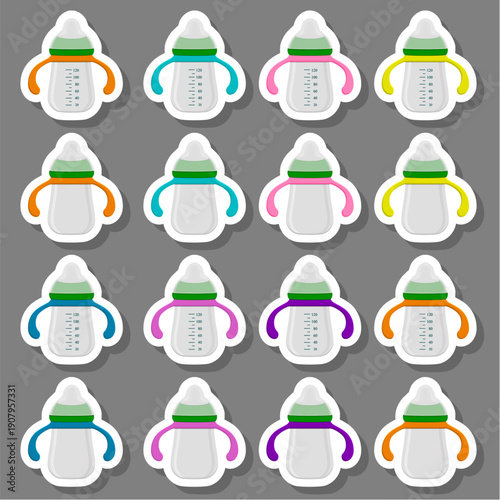 big colored set of baby milk in bottle with soft rubber pacifier