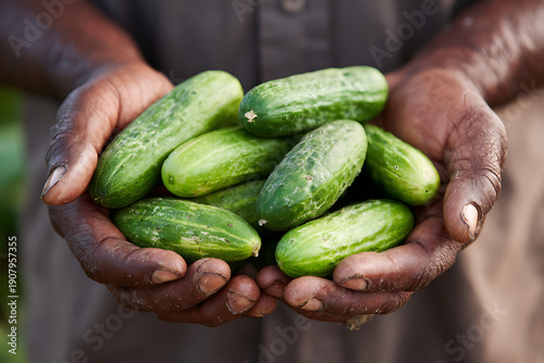Farmer hands holding fresh harvested organic cucumbers
