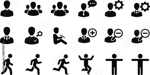 Human silhouette icon set showing user profiles, team members, actions, communication and activity poses, black flat vector illustrations isolated on white background