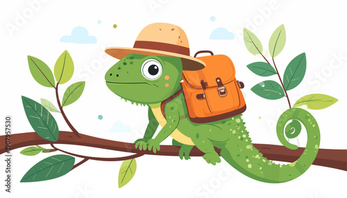 A cartoon lizard wearing a hat and backpack perched on a tree branch surrounded by leaves and foliage in a whimsical illustration