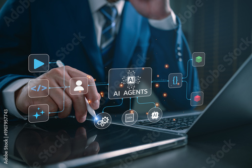 Obraz na plátně AI agents concept, businessman using laptop, connected artificial intelligence icons and data flow, autonomous workflow, intelligent automation, multi agent system, enterprise digital transformation