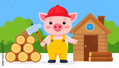 A cartoon pig in yellow overalls and red cap stands beside a wooden cabin holding an axe with a pile of logs nearby in a serene forest