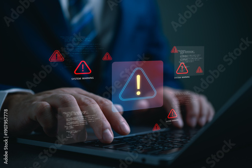 Fotografie Cybersecurity system warning concept, digital alert icons and error notifications, cyber risk, data breach prevention, system monitoring, threat detection, IT security management