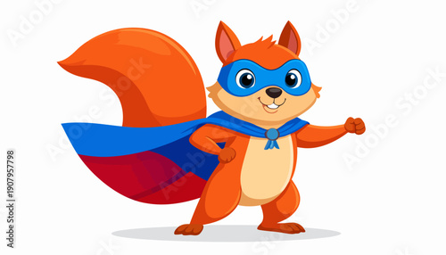 Cartoon squirrel wearing blue mask and cape standing heroically with outstretched arm