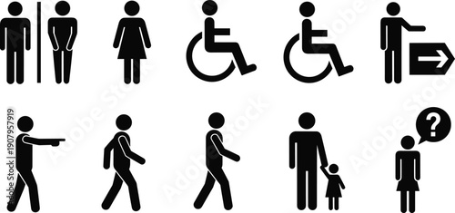 Public signage silhouette icon set showing men women, wheelchair accessibility, walking people, direction arrows and wayfinding symbols, black flat vector illustrations isolated on white background