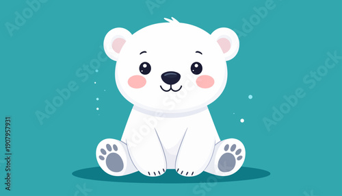 Adorable cartoon polar bear cub sitting on a blue background, viewed from the front with a friendly expression
