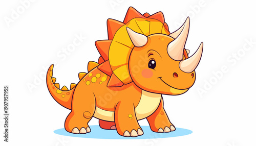 A cartoon illustration of a smiling triceratops dinosaur standing on a blue surface viewed from the side