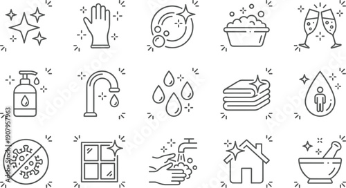 Cleaning and hygiene line icons set, washing, disinfection, housekeeping, sanitary, sparkling clean, laundry, vector symbols.