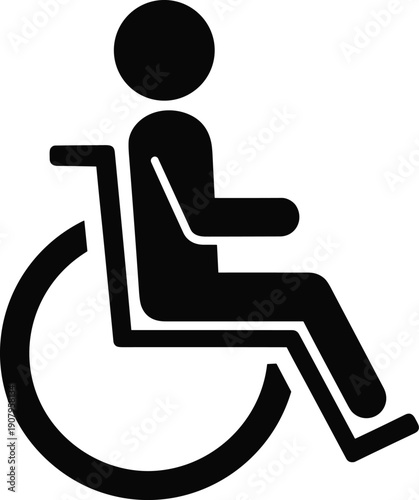 Wheelchair accessibility human silhouette icon showing disabled person seated in wheelchair for inclusive design and mobility access, black flat vector illustration isolated on white background
