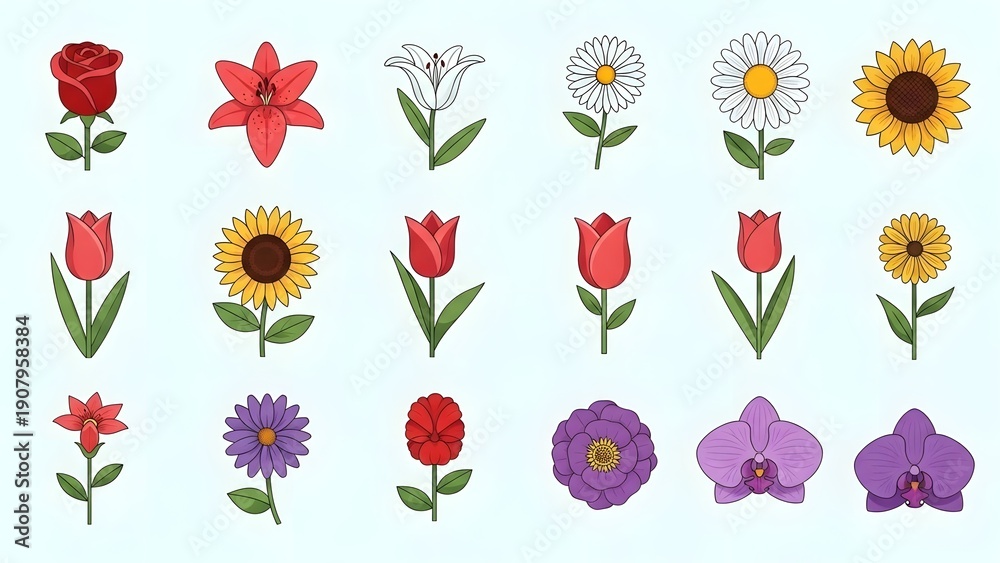 Fototapeta premium Vibrant illustrations of various flowers arranged in a grid pattern, showcasing diverse blooms and foliage