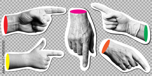 Set of halftone pointing hand stickers with index finger directing in different ways isolated on transparent background