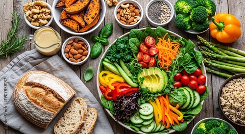 A vibrant and nutritious spread of fresh, organic ingredients, featuring a colorful plant-based meal with a variety of wholesome superfoods for a healthy lifestyle