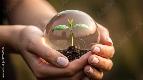 Womans hands holding a glass sphere with a growing plant inside, symbolizing life protection and nature preservation