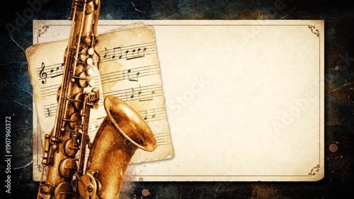 Gold vintage tenor saxophone and sheet music against grunge background with blank paper for copy space