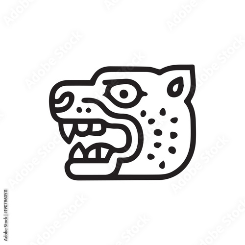 Ancient Aztec Jaguar Head Glyph Black And White Line Art Illustration