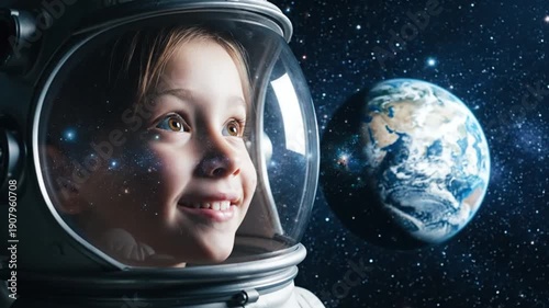 Child astronaut in space suit looking at earth with happy expression, discovering universe and dreams of exploration