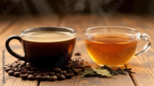 Steaming hot espresso and tea in cups on a wooden table. Coffee beans and dried tea leaves scattered around beverages.