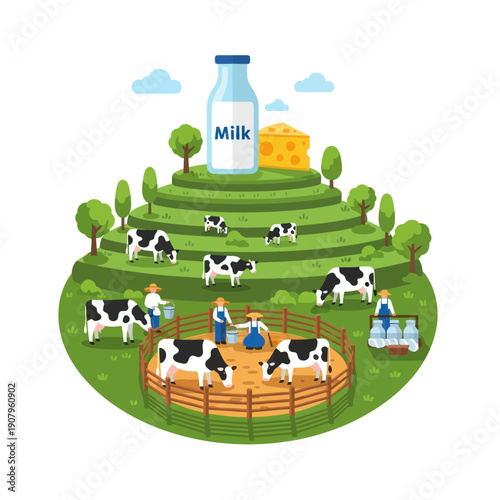 Cows in a Farm Milking Scene.